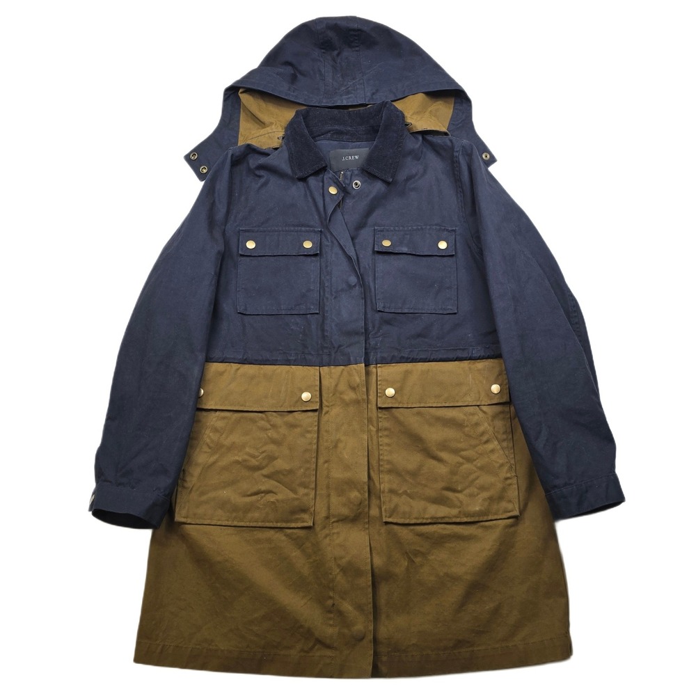J.Crew‎ Waxed Cotton Field Jacket Mens Medium Navy Tan Canvas Colorblock Hooded